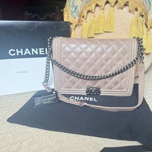 CHANEL Quilted Large Tan Bag with Chain Strap